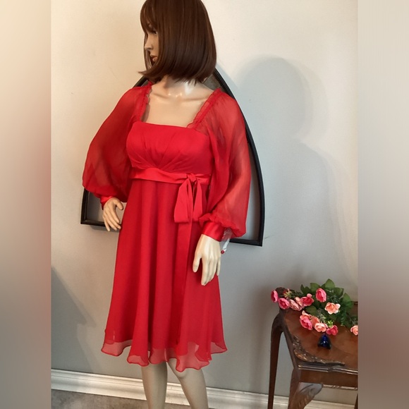 BARRIE PACE Silk Red Dress ON or OFF The Shoulder with Long Full Sleeves - Picture 3 of 10